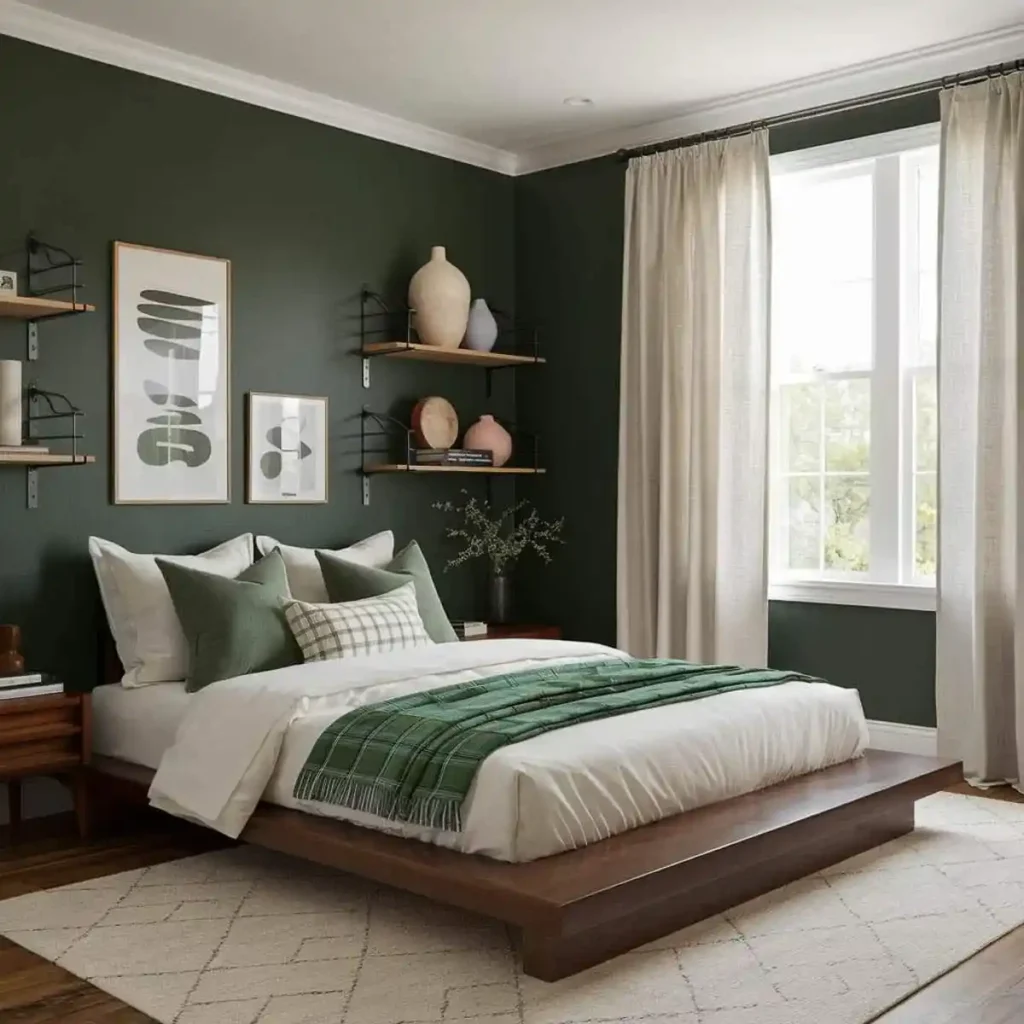 A green bedroom with wooden bed and white windows and curtain 