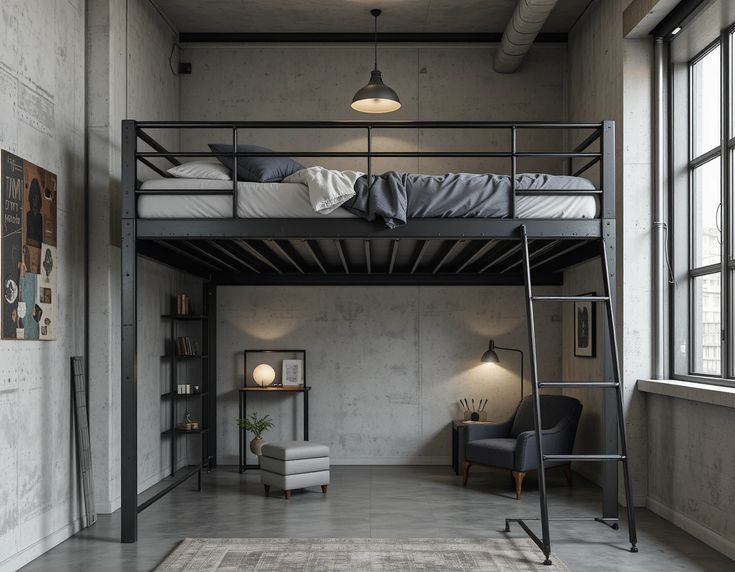 A bedroom with loft bed and sofa and windows 