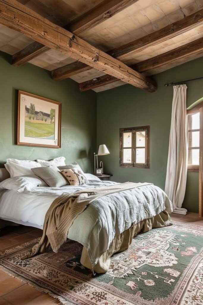 A wooden celling and floor and window in green bedroom 
