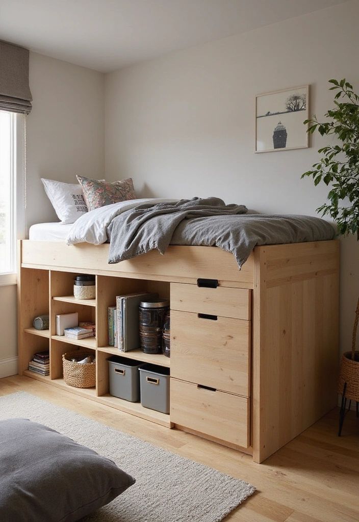 A loft bed with drawer and shelves and wooden floor 