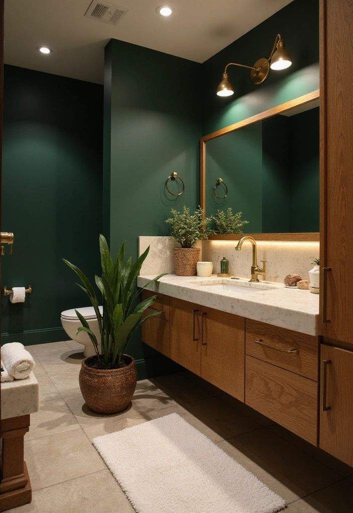 A dark green bathroom with mirror and lights above the mirror and gold fixture