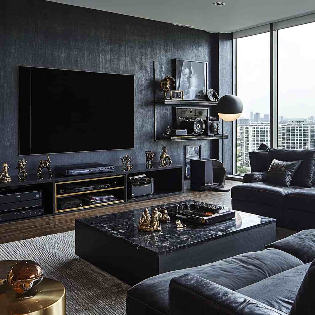 A black living room with tv and storage space 