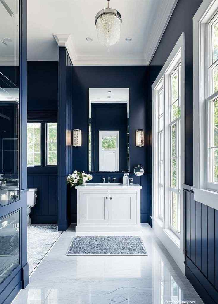 A blue bathroom with white cabinets and white floor