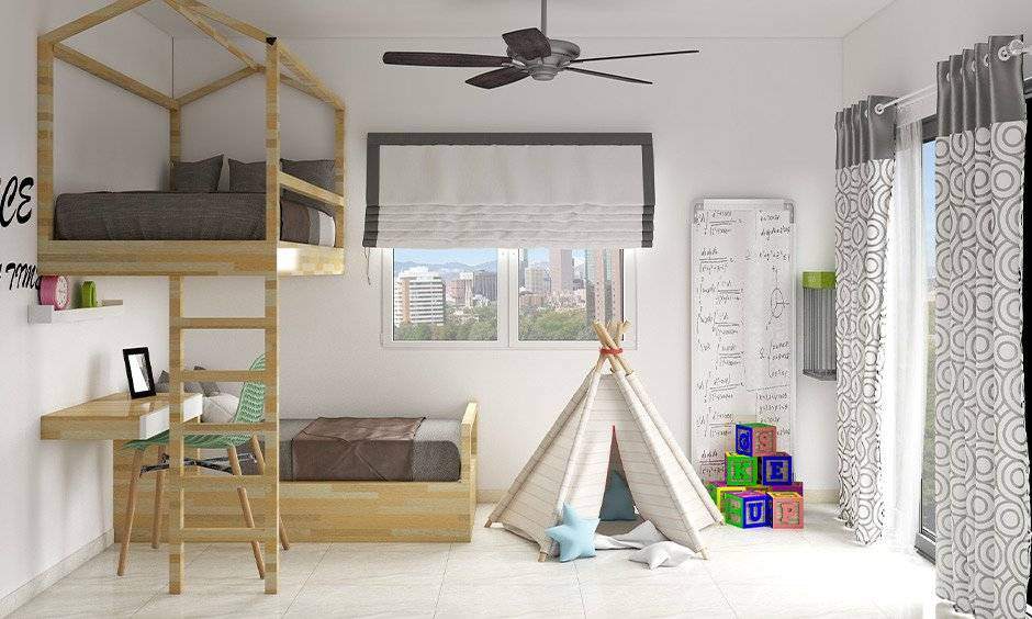 A loft bed with window treatments 