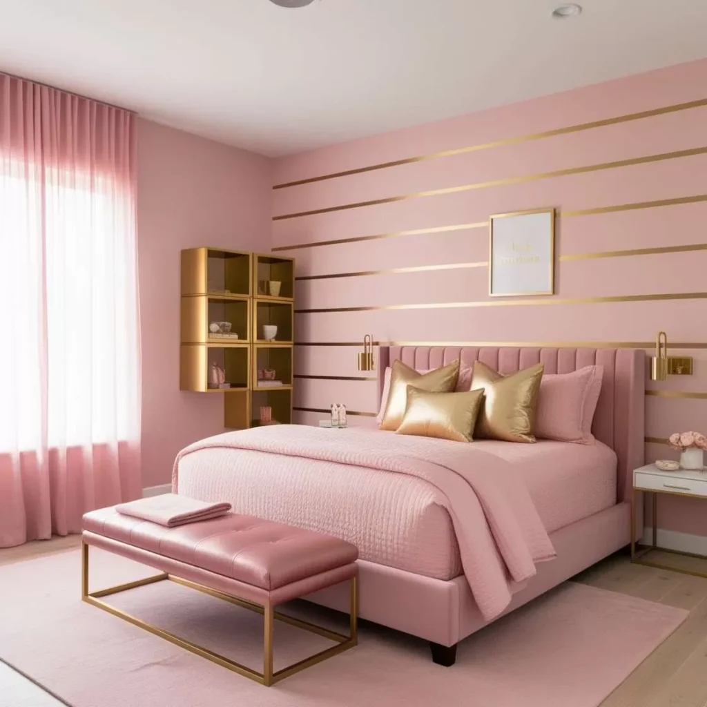 A pink bedroom with wooden shelves and wooden floor and rug on it