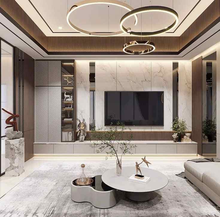 A Iron chandelier in brown and grey and tv on the wall  in living room