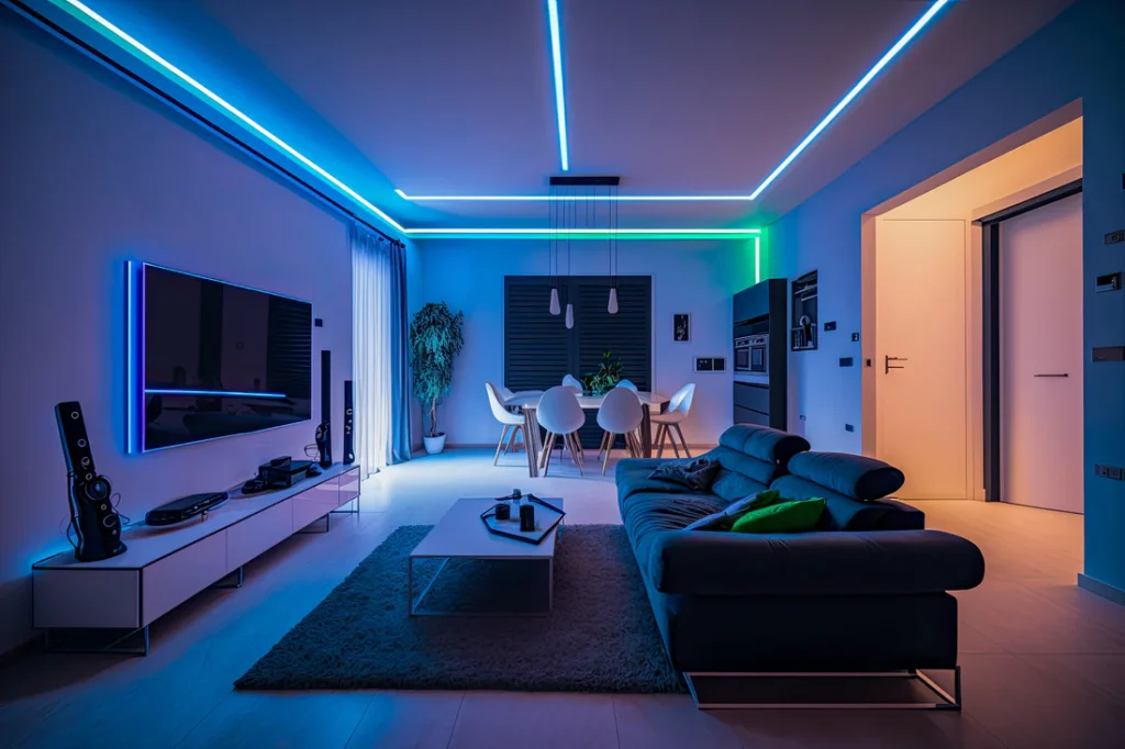 A grey and blue living room with led lights