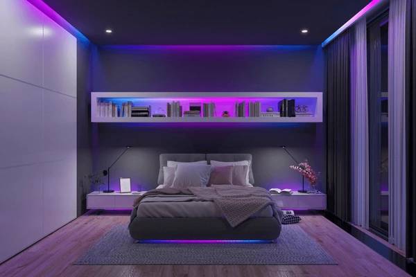 A LED light bedroom and shelves and side tables 
