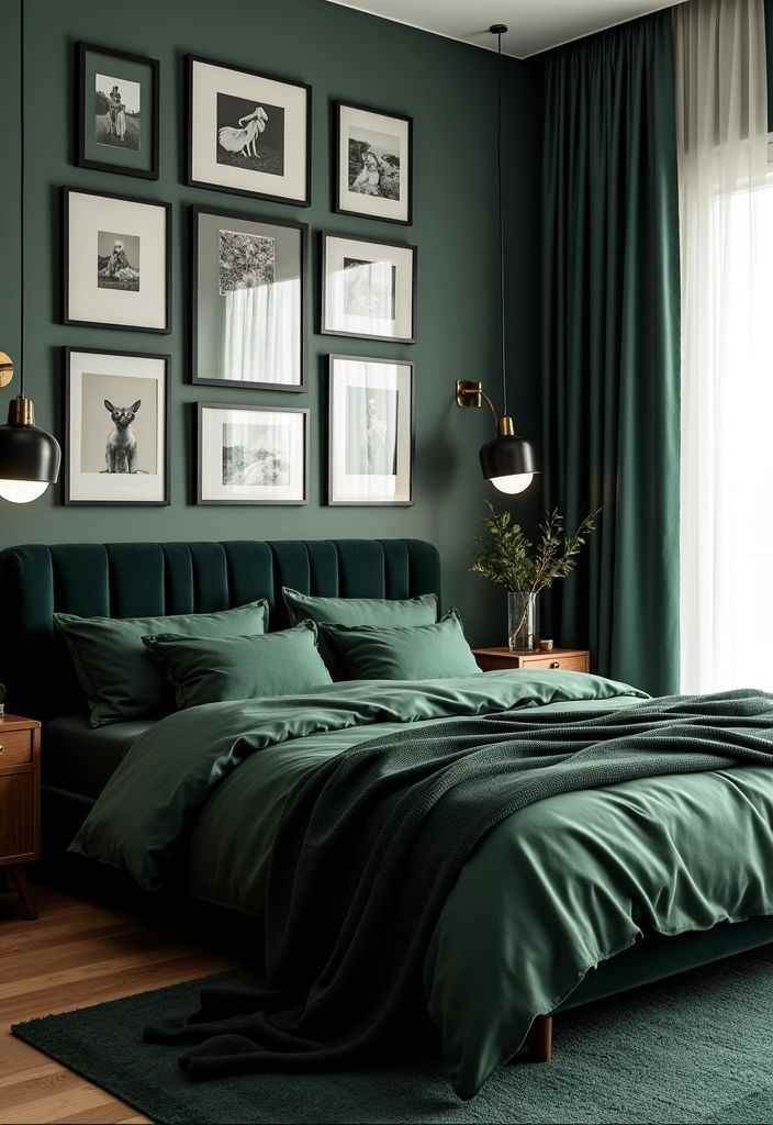 A green bedroom with rug  on the wooden floor and frames on the wall 