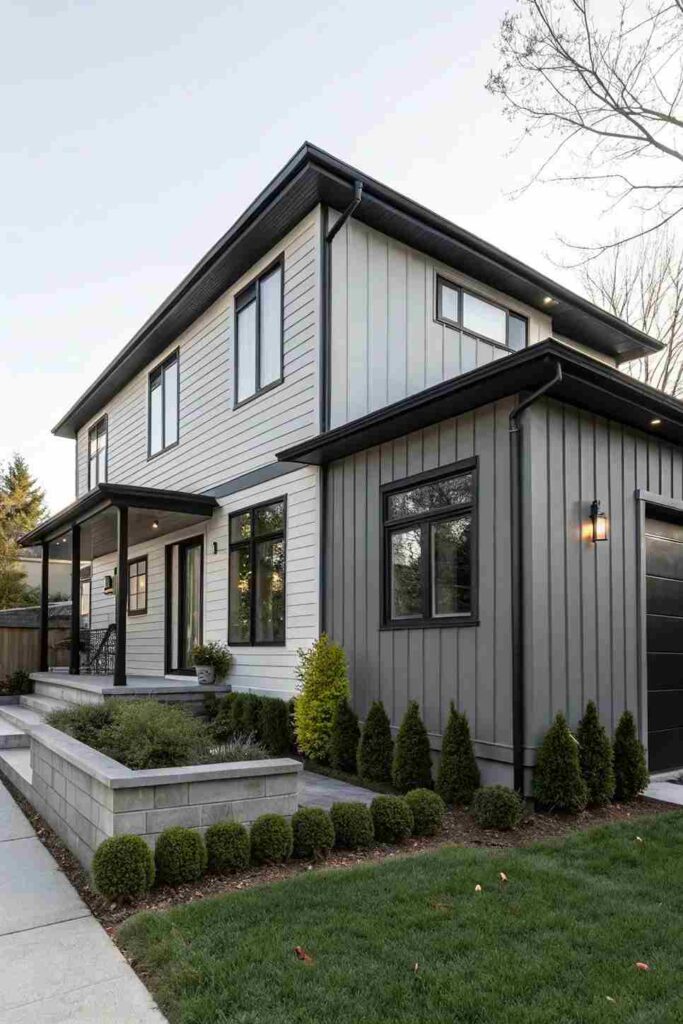 A light grey house with black gutter and glass widnows 