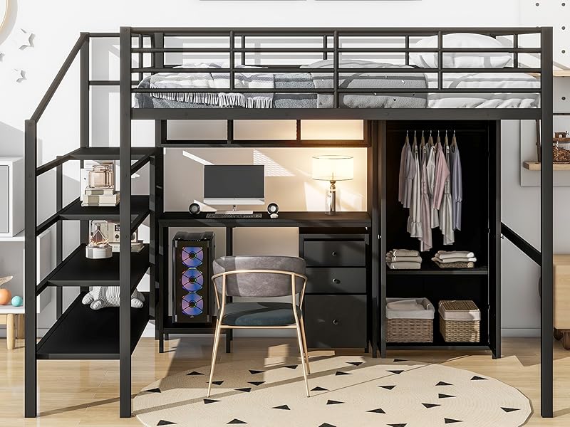 A loft bed with study table and stair and wooden floor