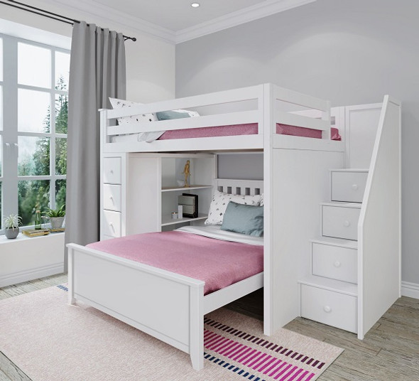 A white loft bed and drawer and stair and wooden floor