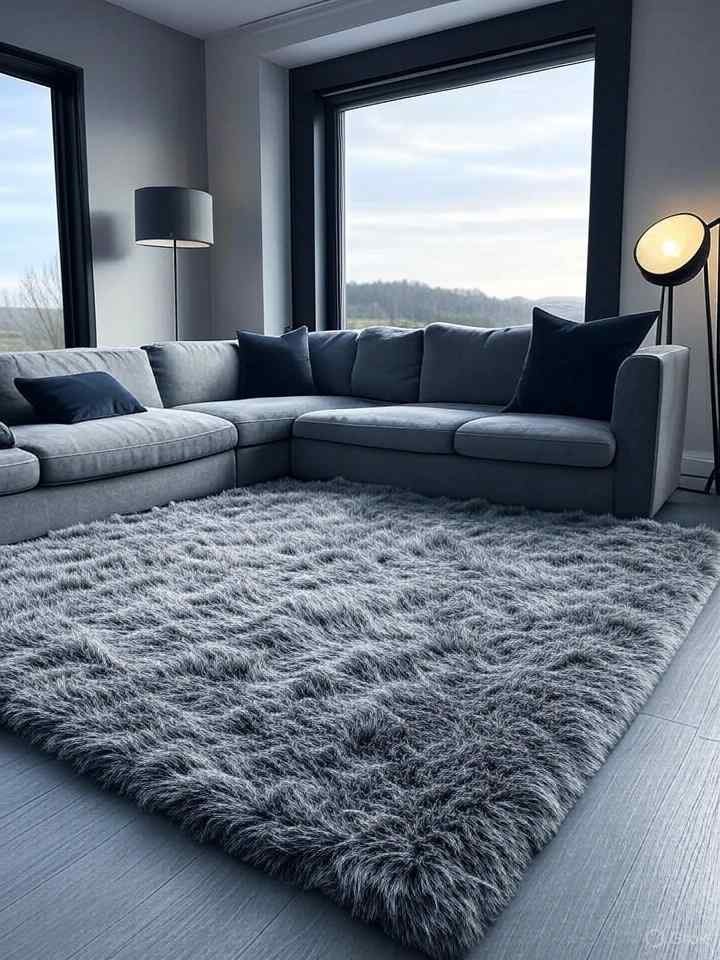 A grey living room with grey rug on the floor and lights