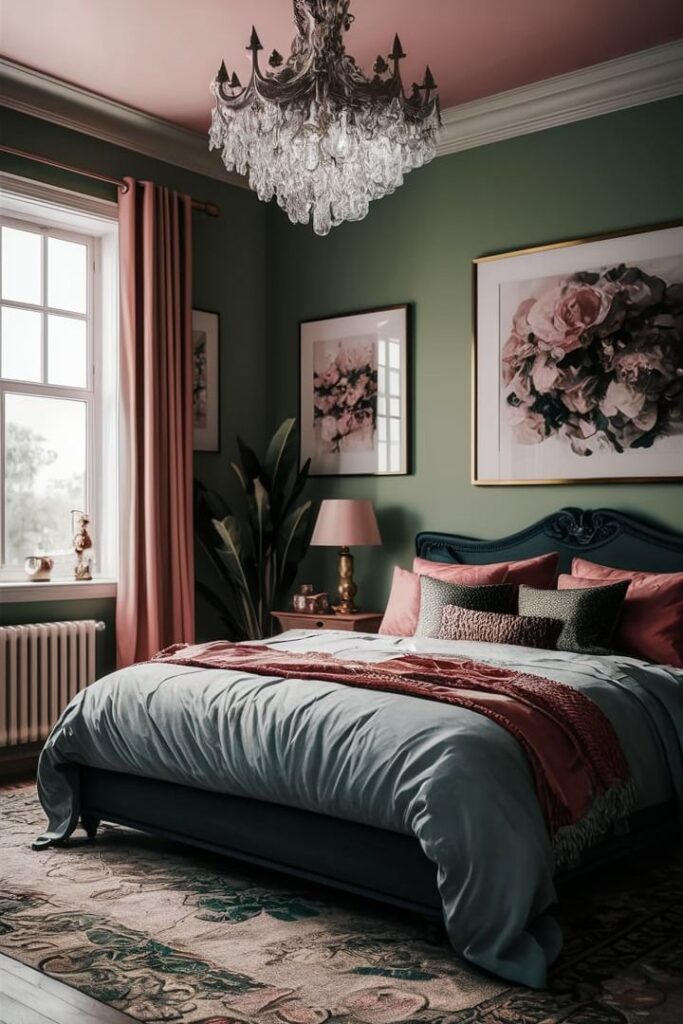 A monochrome green bedroom and green bedding with pink accents