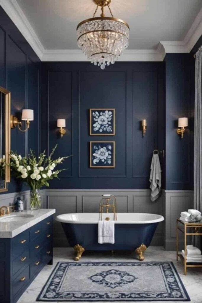 A navy blue bathroom with bathtub and vanity and mat on the floor 