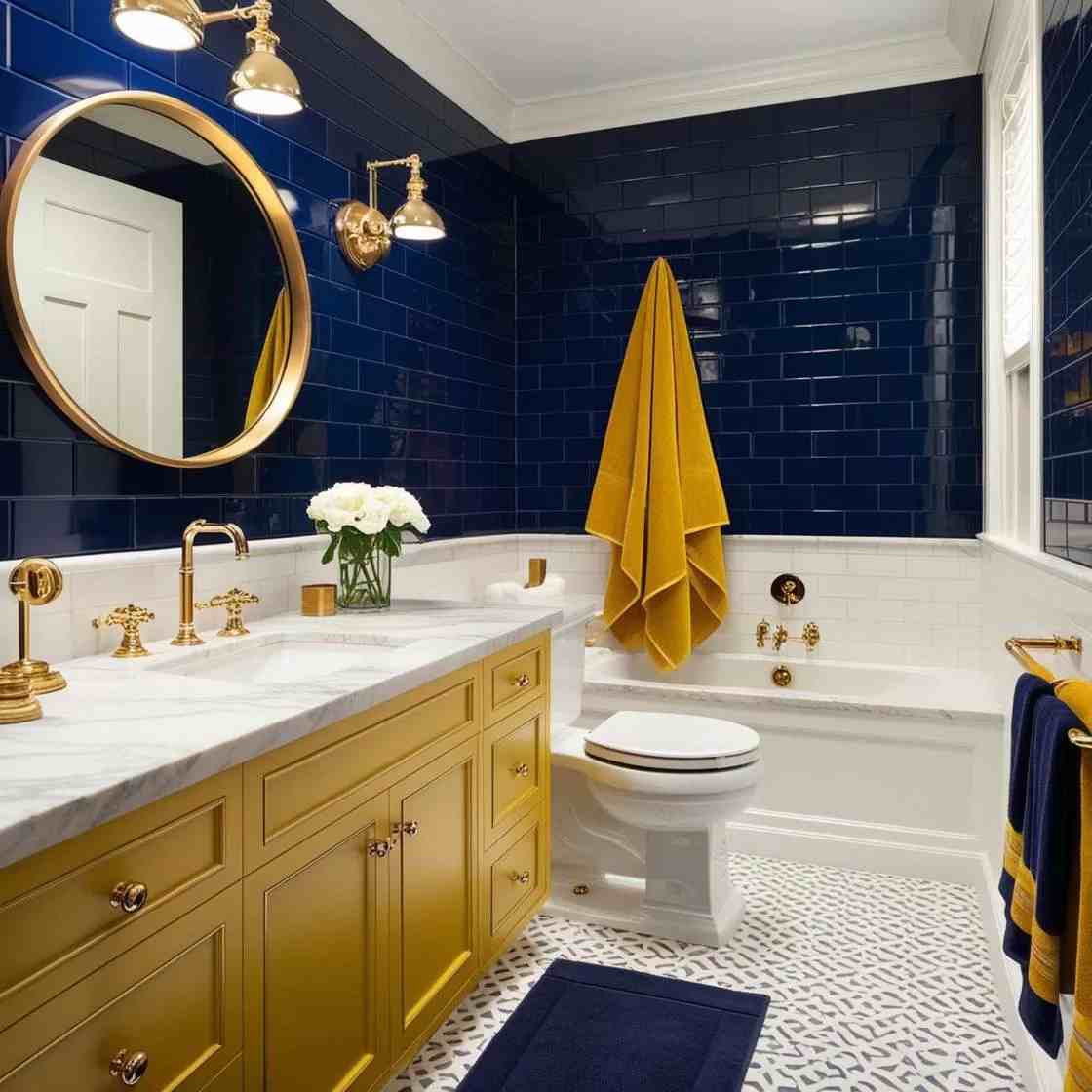 A navy blue bathroom with gold fixtures and brass light on the wall