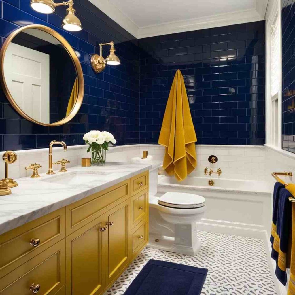 A blue bathroom with gold fixtures and gold vanity with white counter top 