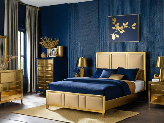 A navy blue bedroom with gold frame bedding and nightstand and rug on the wooden floor