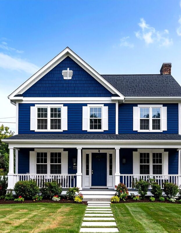 A dark blue house with white trim and shutters and garden outside of the house