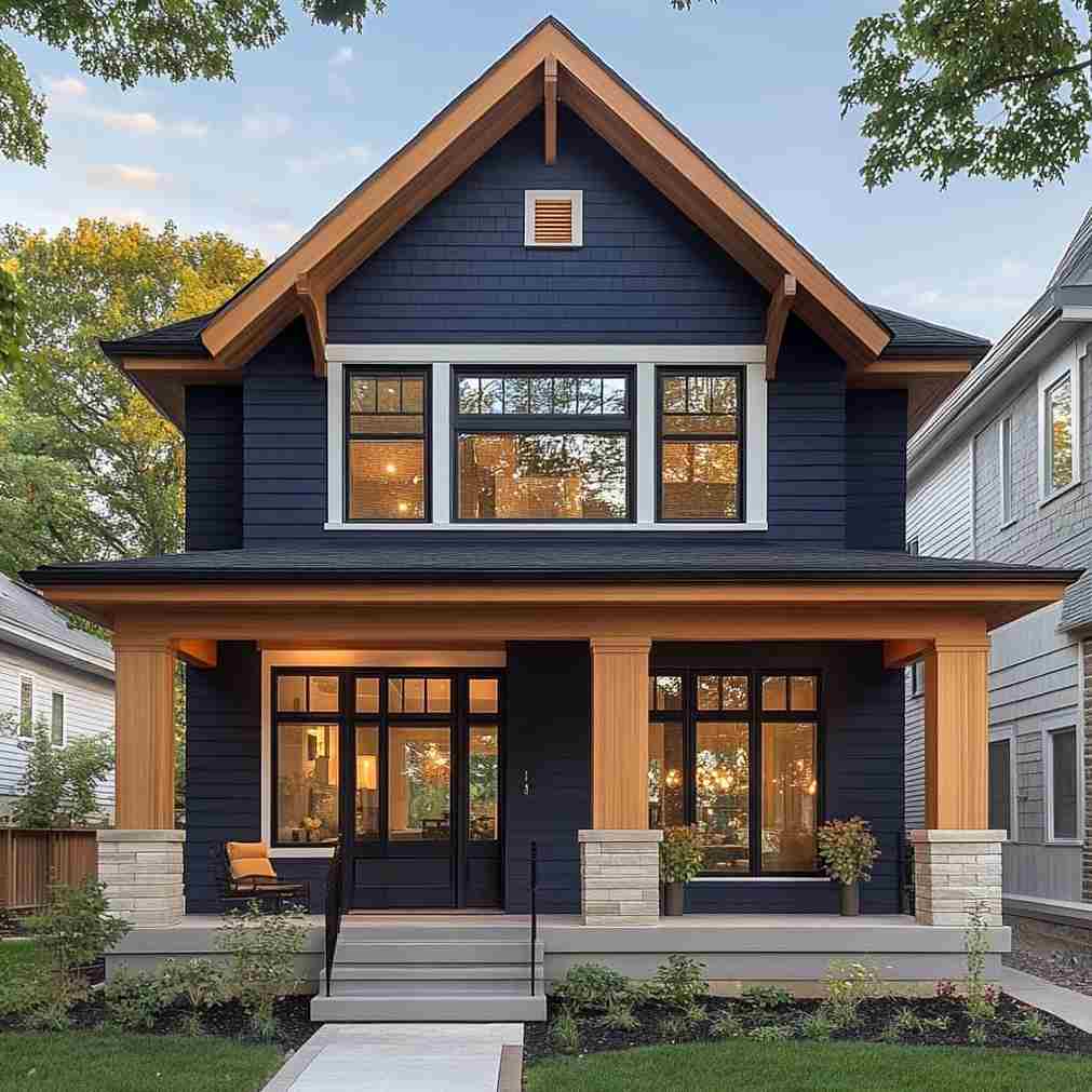 A navy blue house with wooden pillar and glass windows