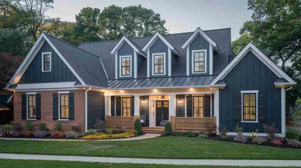 A blue house with brick base and white trim and garden outside of the house
