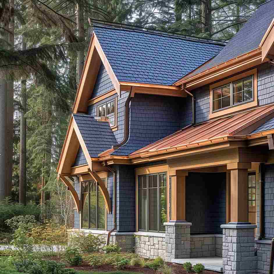 A navy blue house with copper awning with black glass windows
