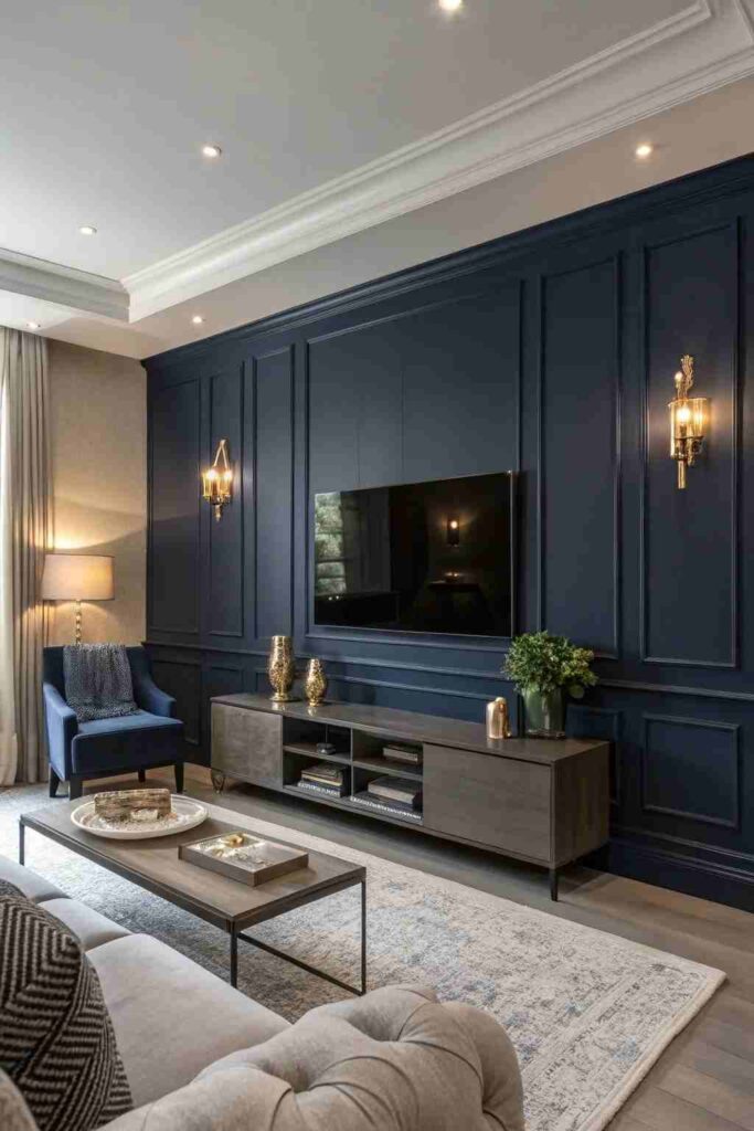 A grey living room with navy blue panel wall and lights on it