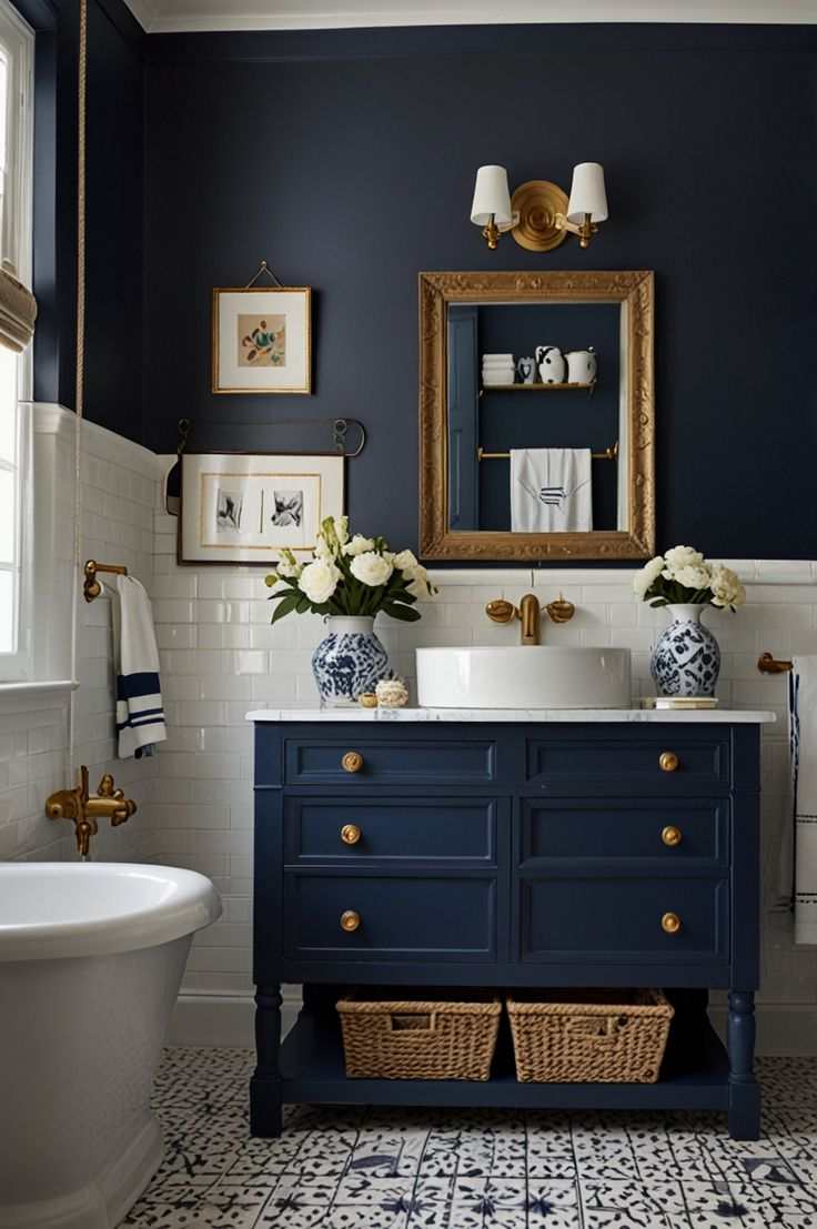 A bathroom with vanity and wooden framed mirror and white sink and bathtub 