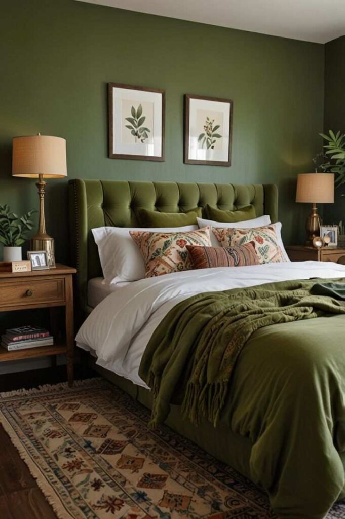 A green bedroom with wooden floor and nightstand 