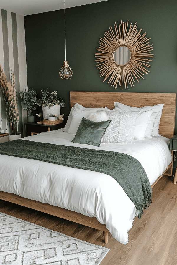 A olive green bedroom with wooden floor and gold accents 