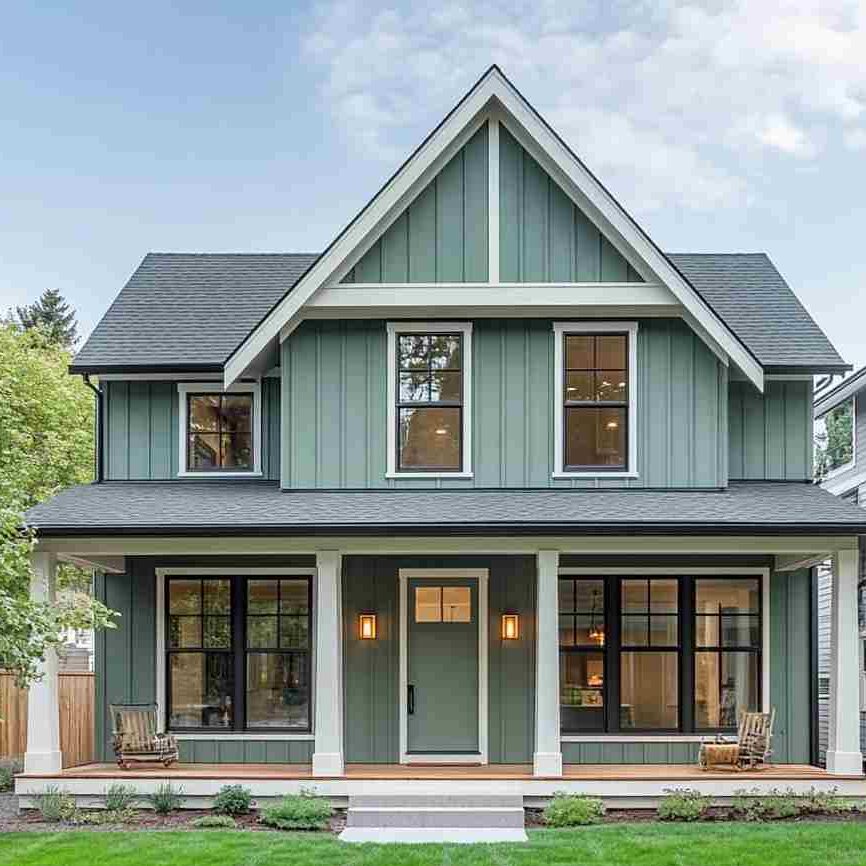 A sage green house with white trim and glass windows and sage door 