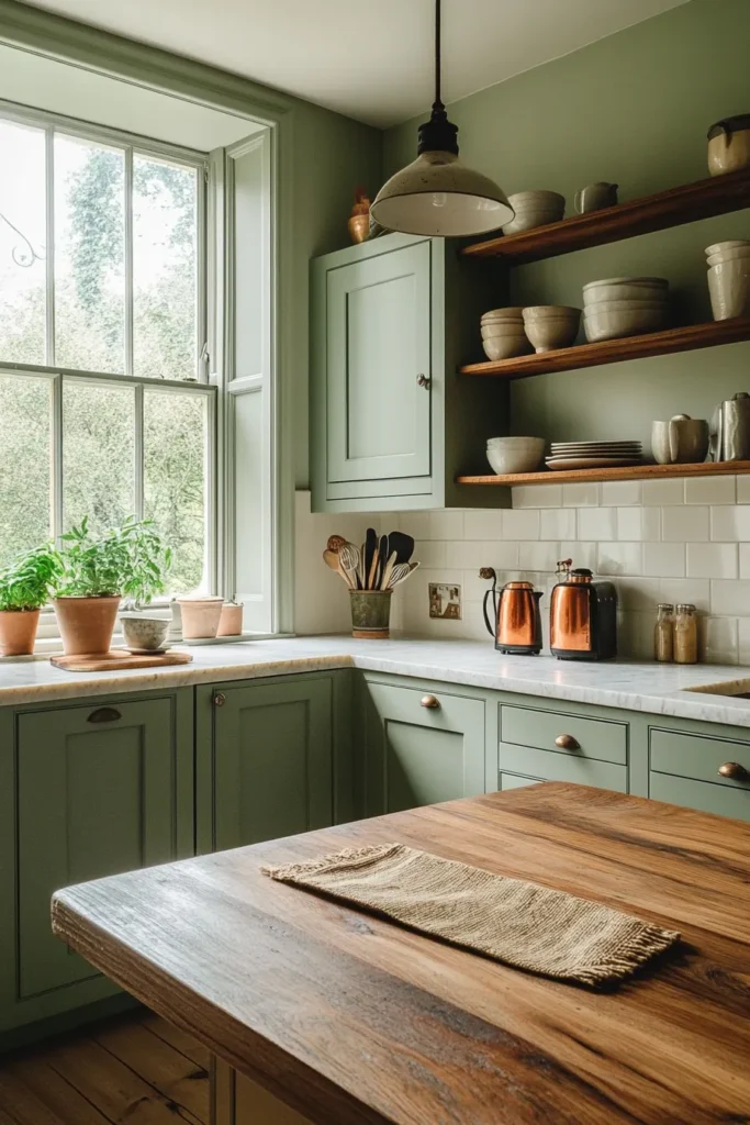 A sage green kitchen with wooden open shelves 