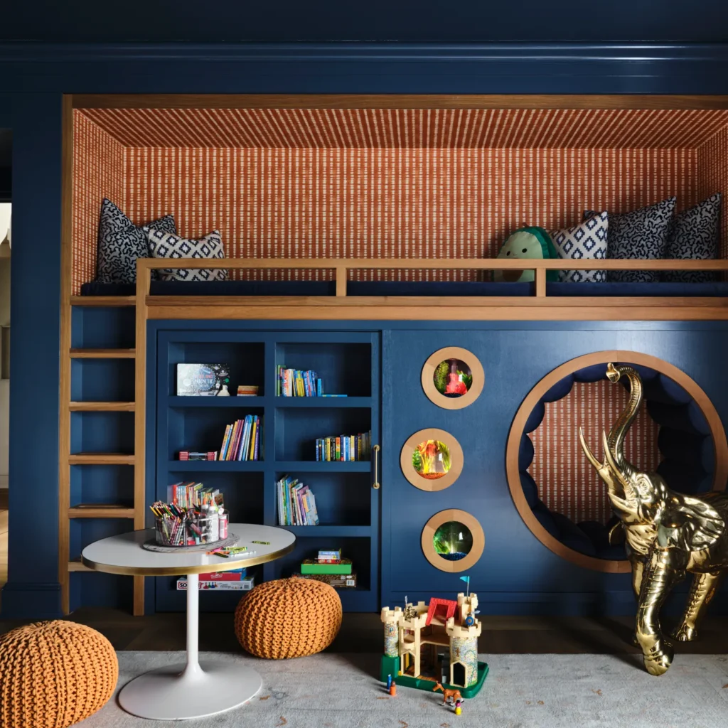 A loft bed with built in with cushion and shelves 