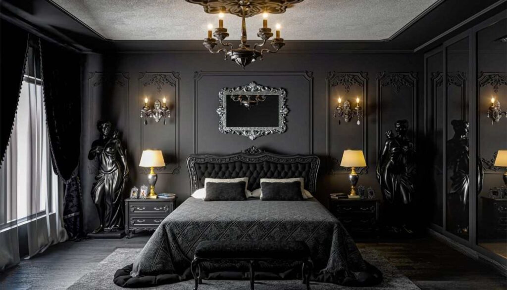A bedroom with mirror on the grey wall and lamp on the side lamp and wooden floor and rug o it