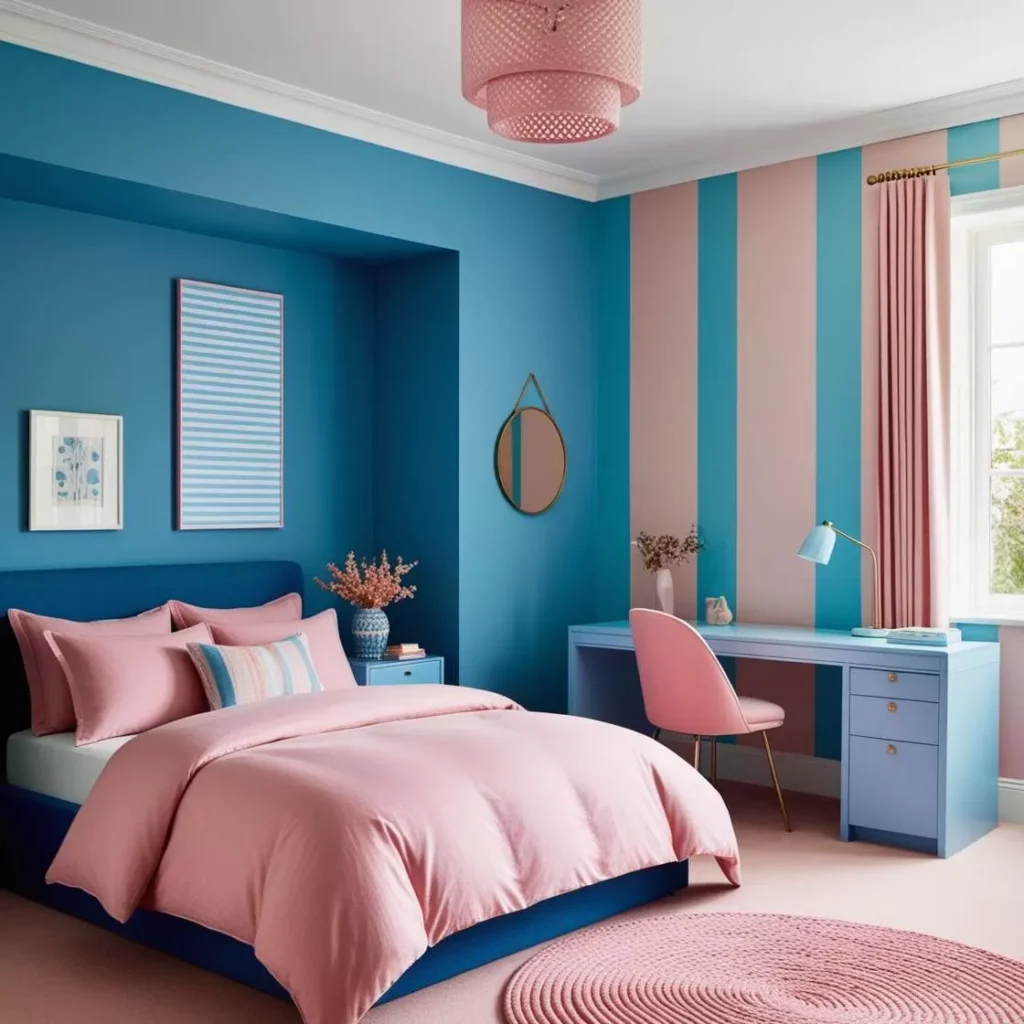 A blue and pink bedroom with windows and mirror on the wall