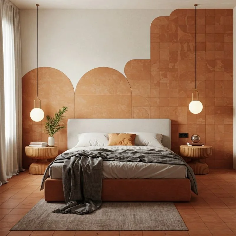 A beige an terracotta bedroom with side table and wooden floor and rug on it 