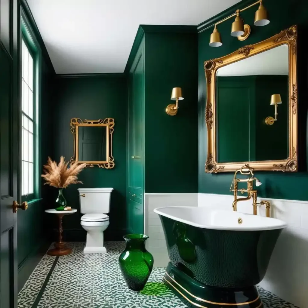 A dark green bathroom with green bathtub and mirror on the wall and brass fixture