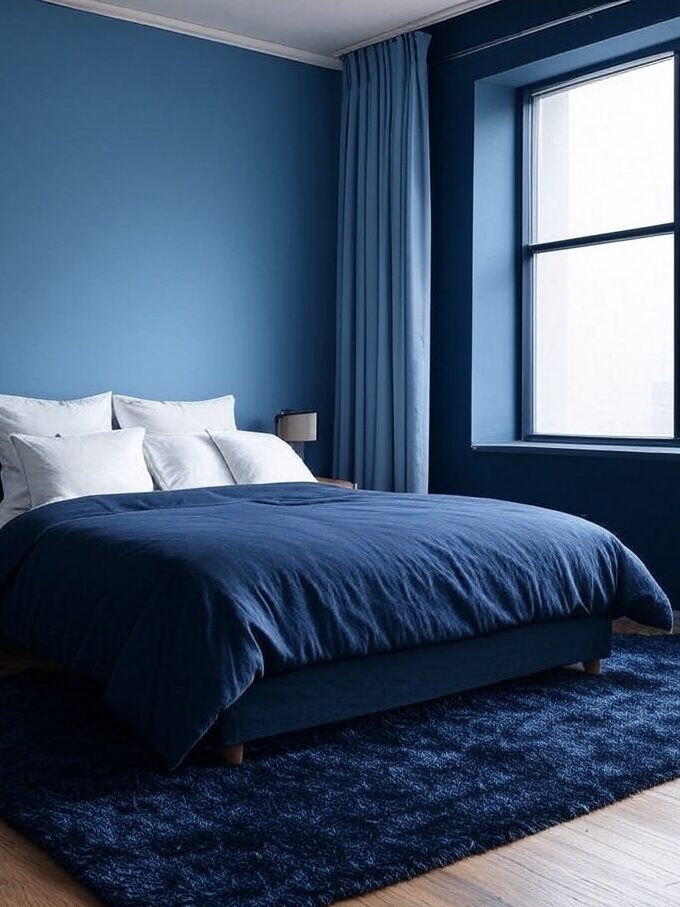 A navy and light blue bedroom with rug on the wooden floor and windows