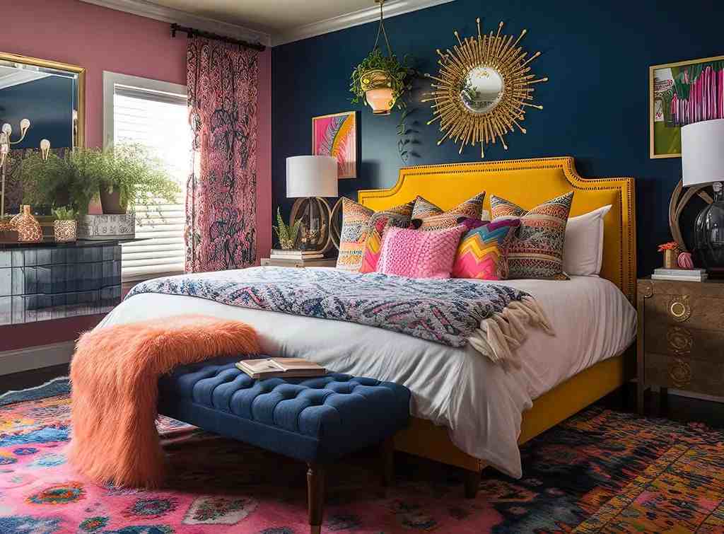 A navy blue bedroom with gold accent and yellow bed wooden table