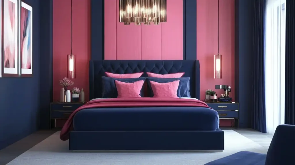 A navy blue bedroom with pink accent and nightstand 