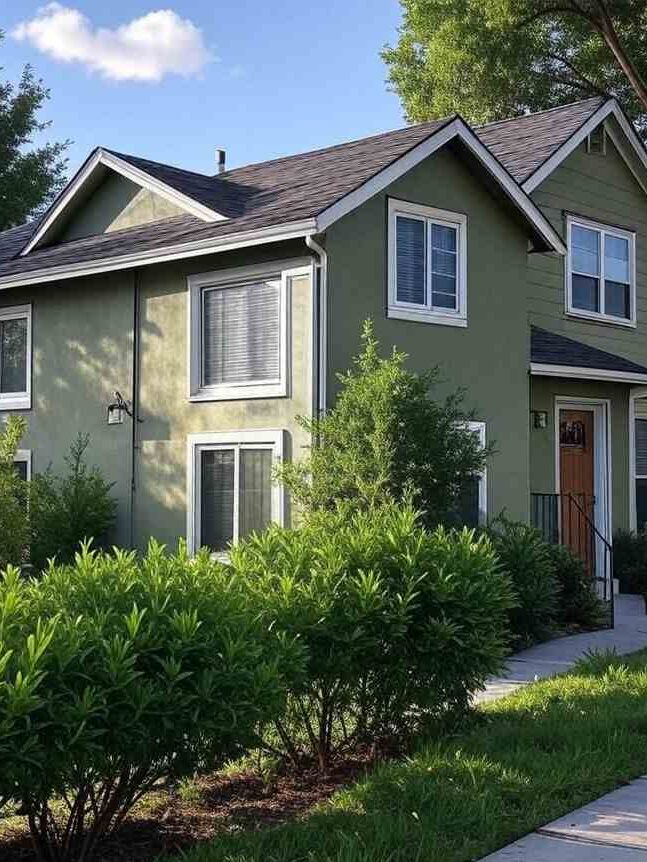 A olive green house with sage and white trim and wooden front door 