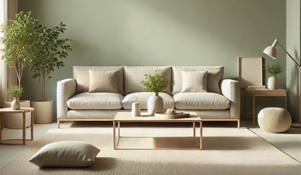 A sage green living room with beige sofa and cushion 