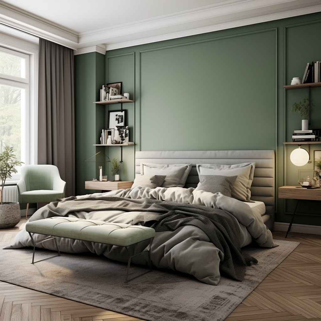 A sage green and grey bedroom with windows and curtain