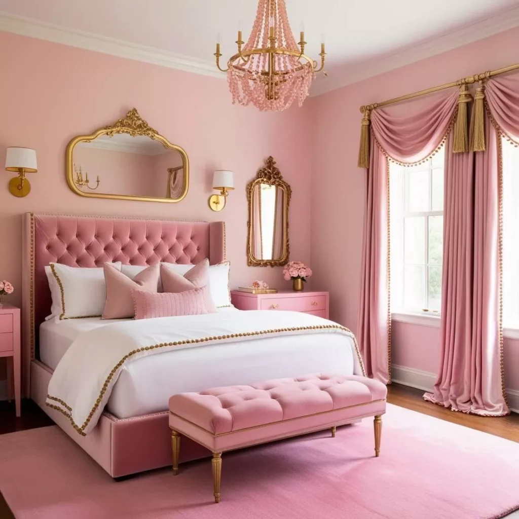 A pink bedroom with gold accents and windows and curtain and mirror on the wall