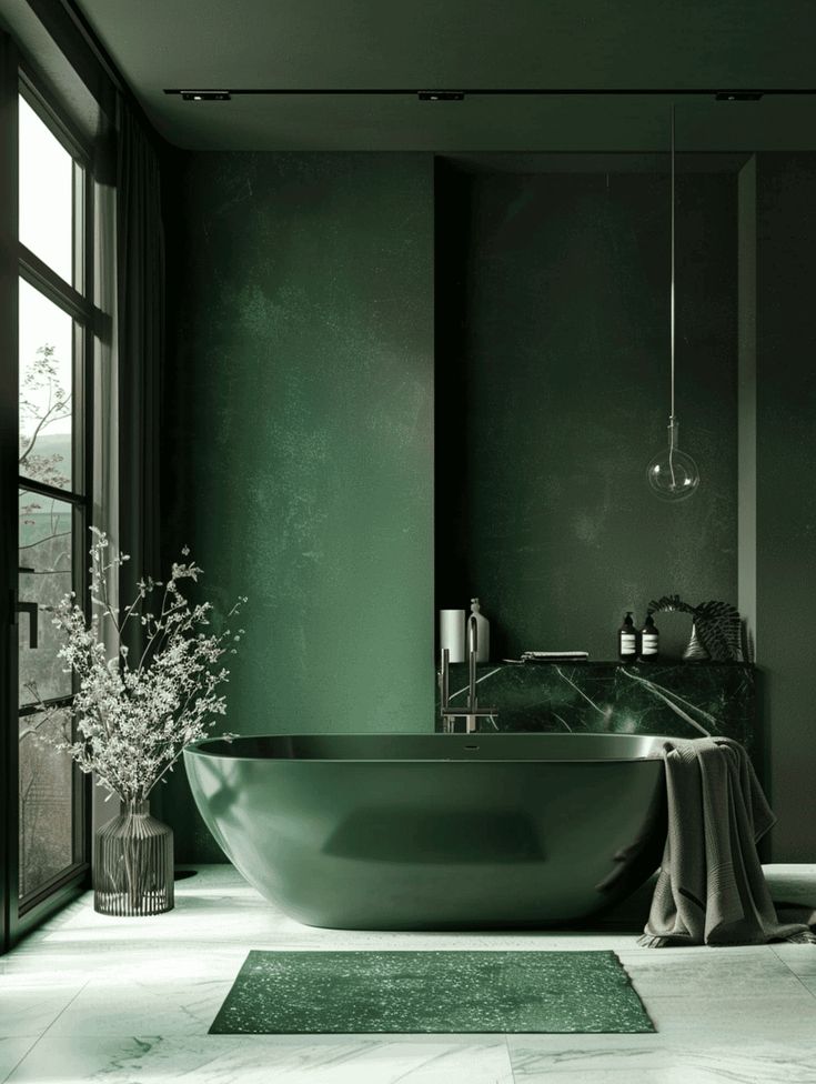 A green bathroom with green bathtub and green mat