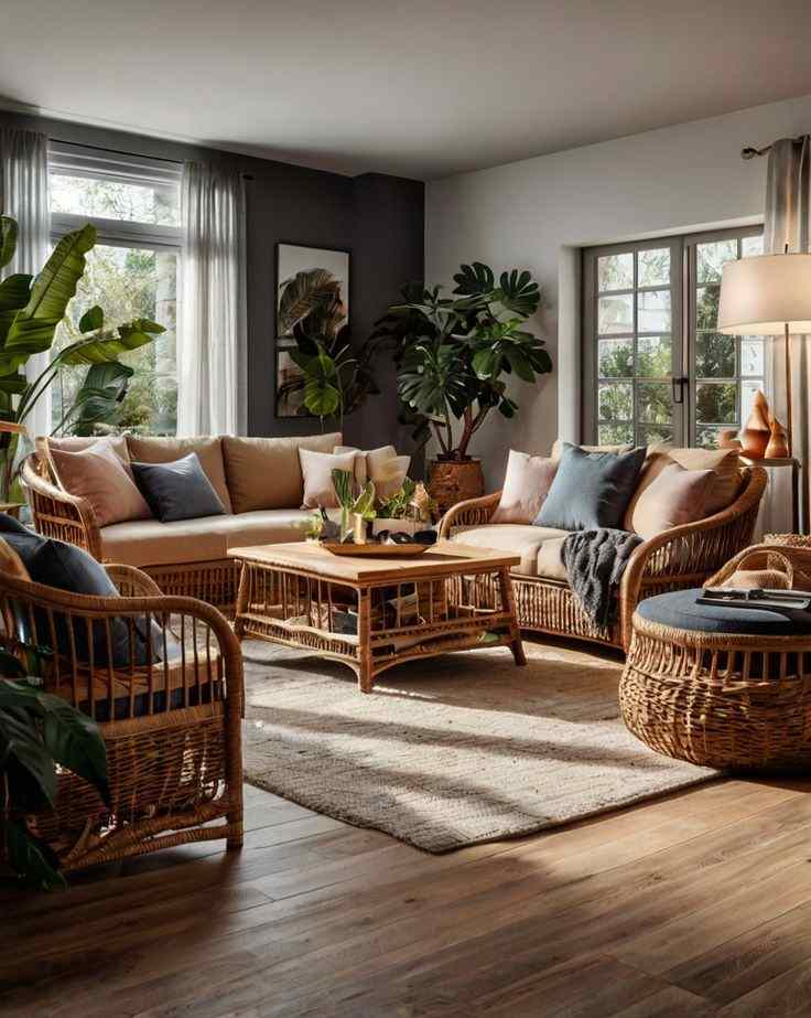 A grey living room with woven rattan furniture and wooden floor 
