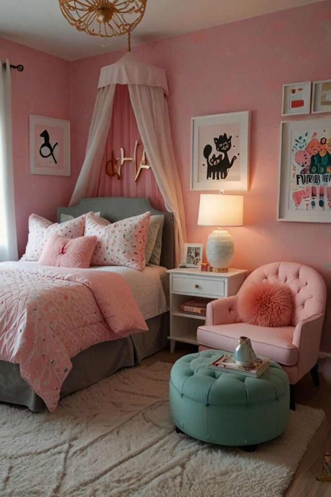 A pink cozy bedroom with pink chair and green ottoman and frames on the wall and lamp on the nightstand