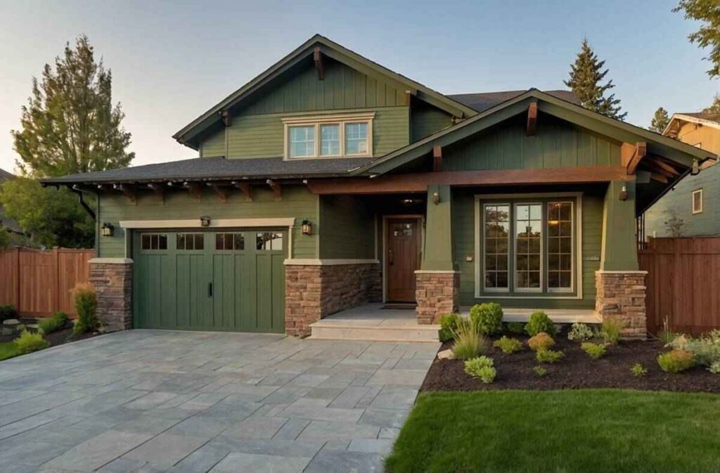 A olive green house with black trim and stone base pillar and windows