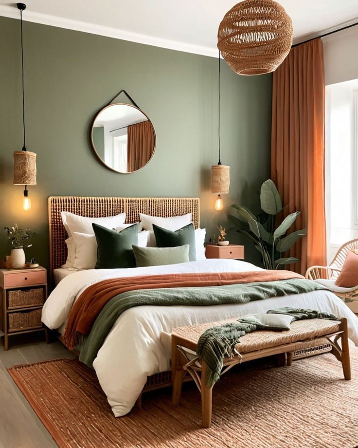 A sage green bedroom with mirror on the wall and curtain and windows and boho style bedding
