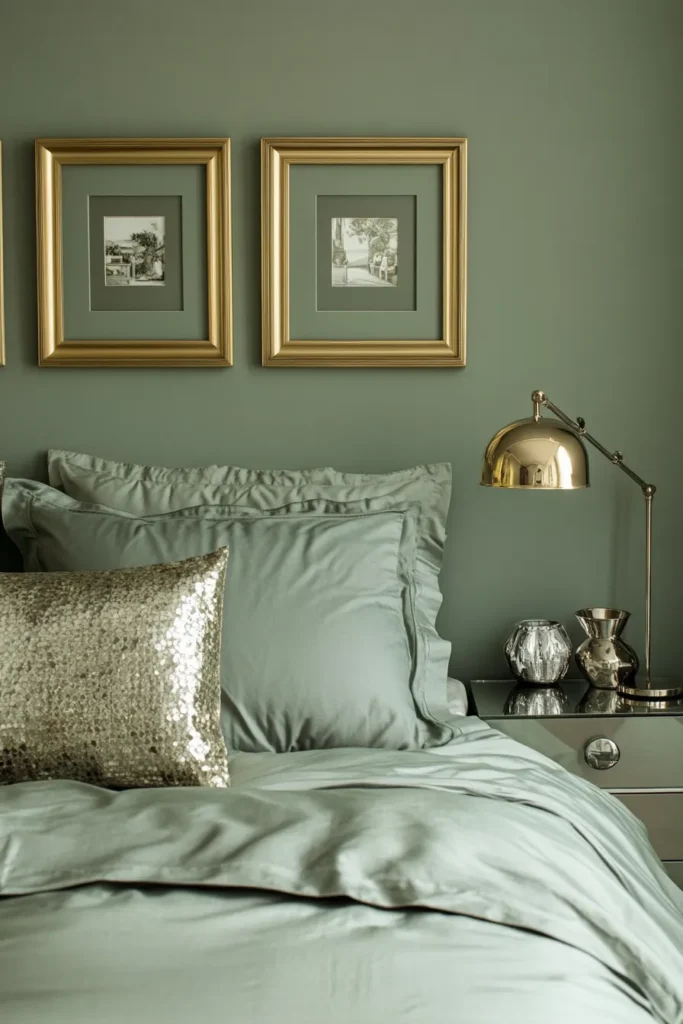 A sage green bedroom with gold frames on the wall and lamp on the nightstand